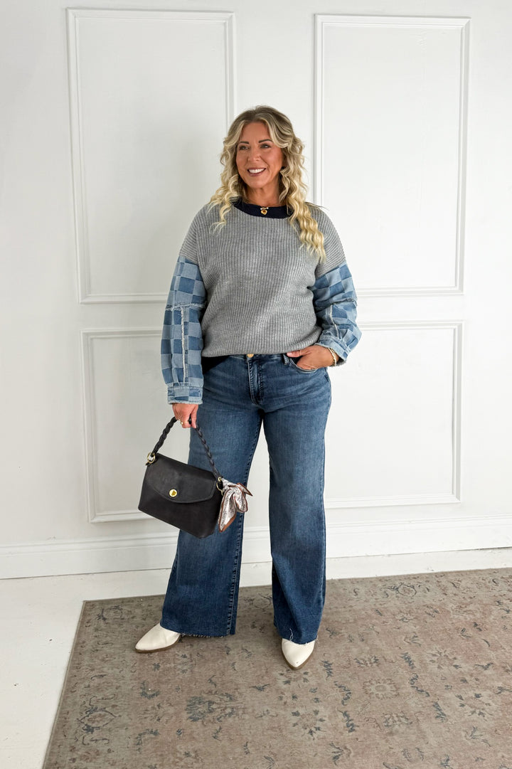 Checkered Denim Mix Knit Sweater