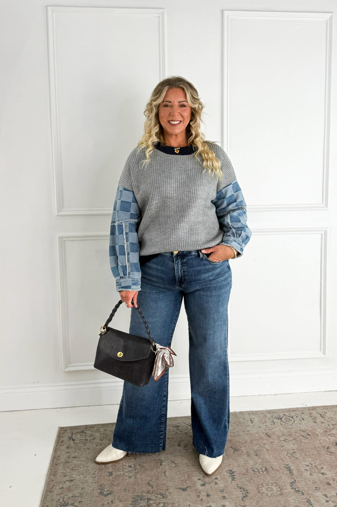 Checkered Denim Mix Knit Sweater