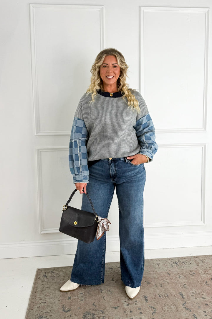 Checkered Denim Mix Knit Sweater