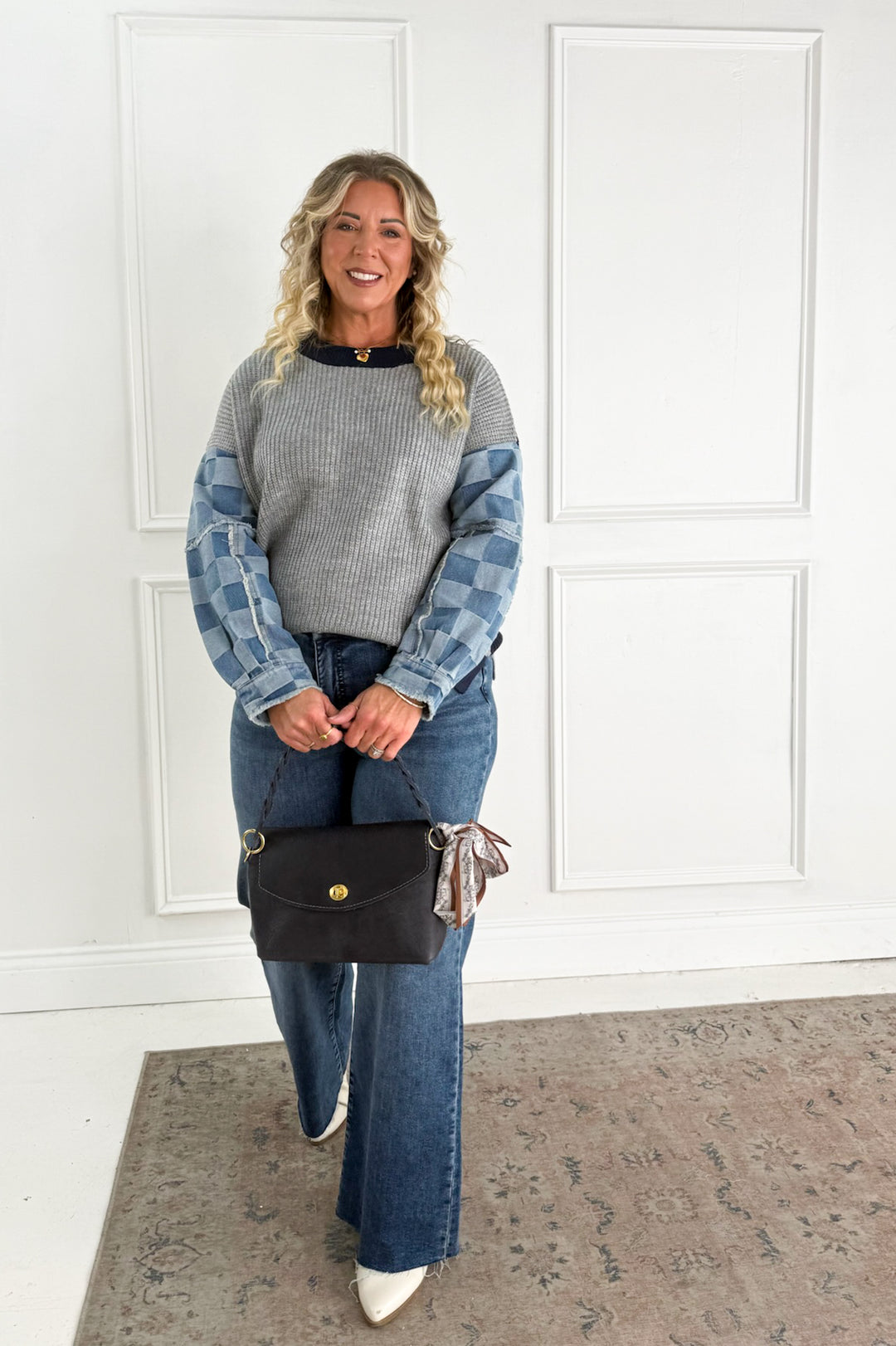 Checkered Denim Mix Knit Sweater