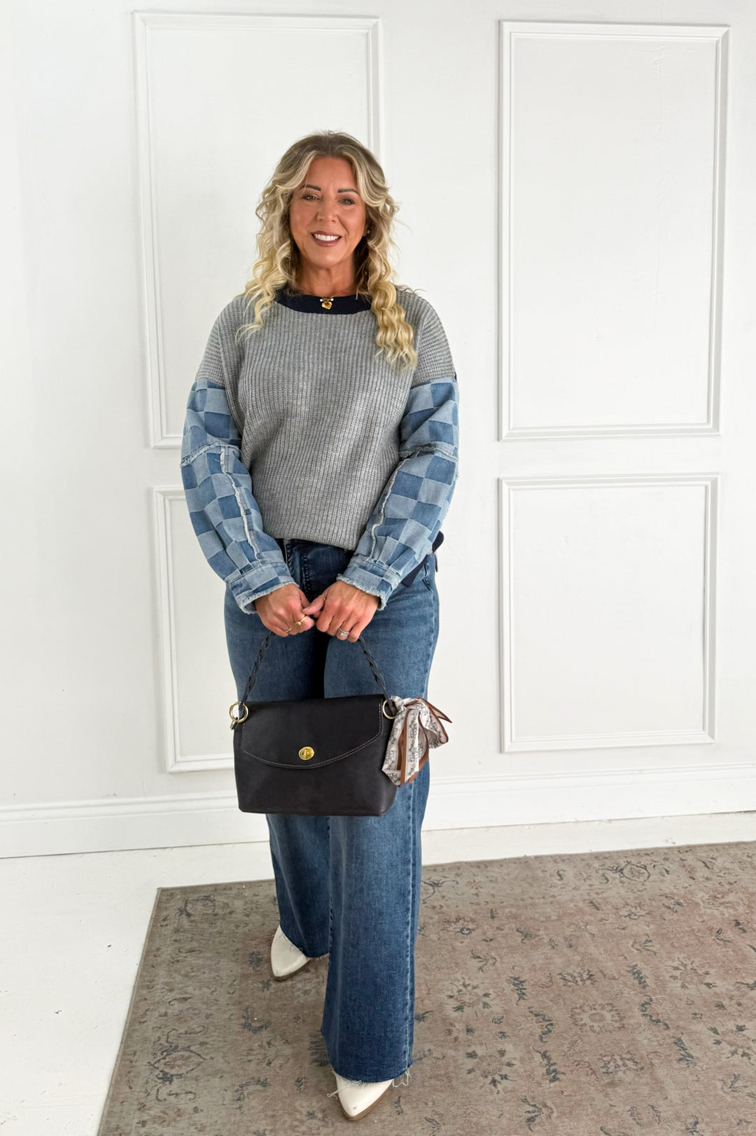 Checkered Denim Mix Knit Sweater