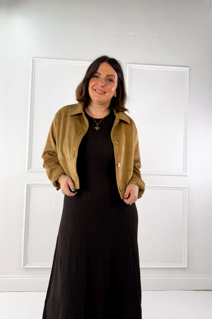 Suede Collared Button Down Crop Jacket