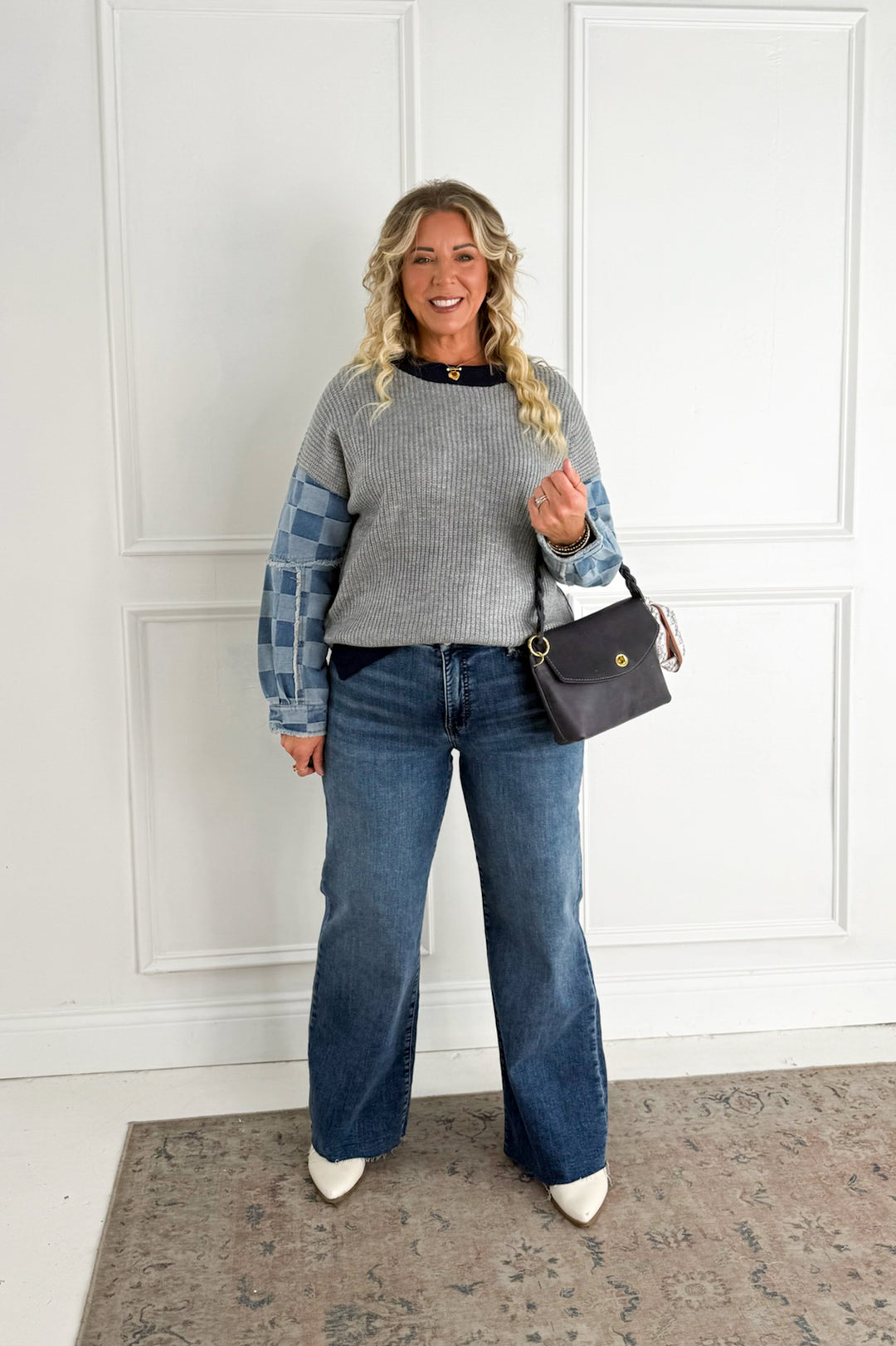 Checkered Denim Mix Knit Sweater