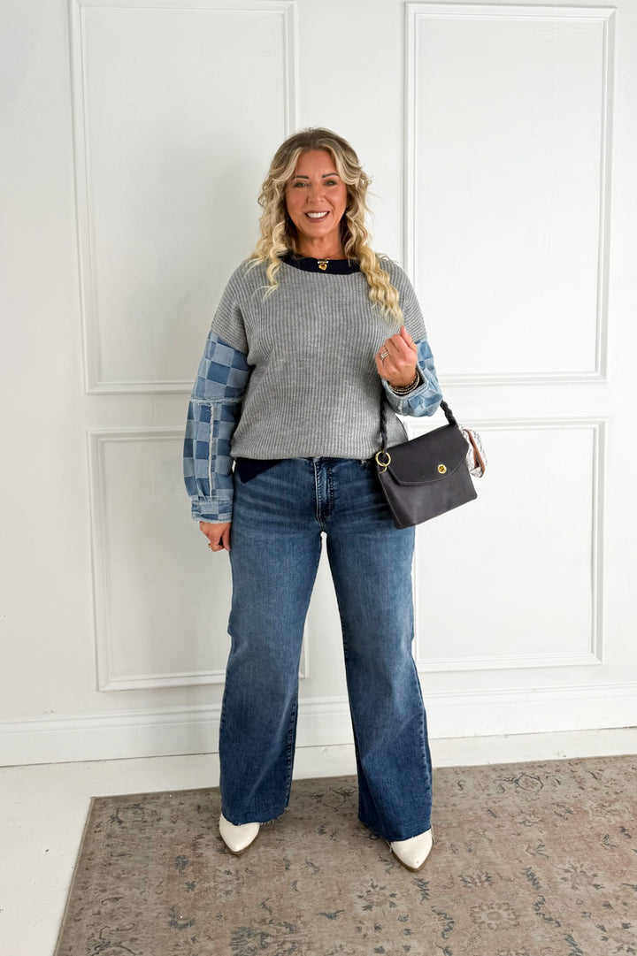 Checkered Denim Mix Knit Sweater