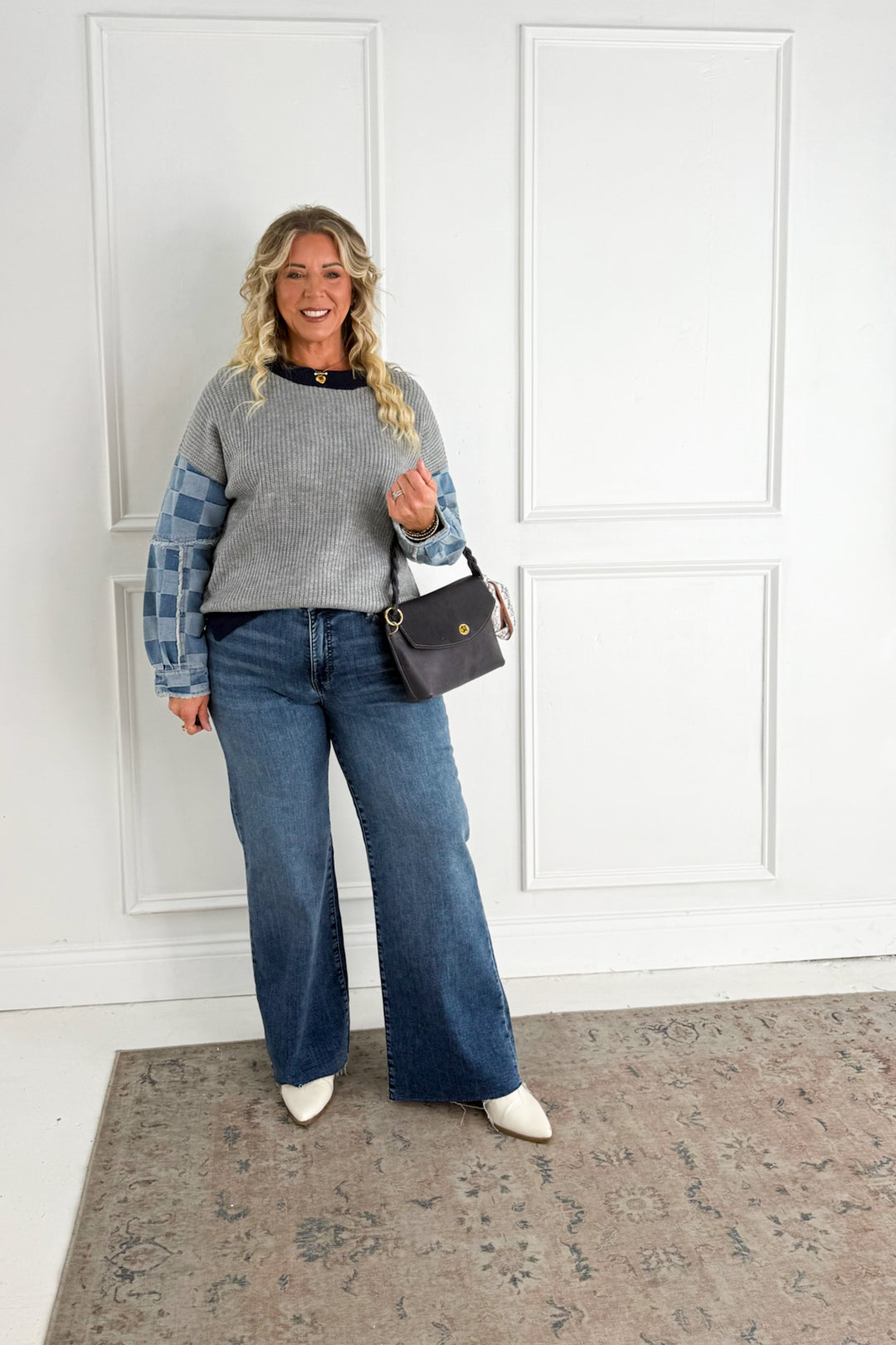 Checkered Denim Mix Knit Sweater