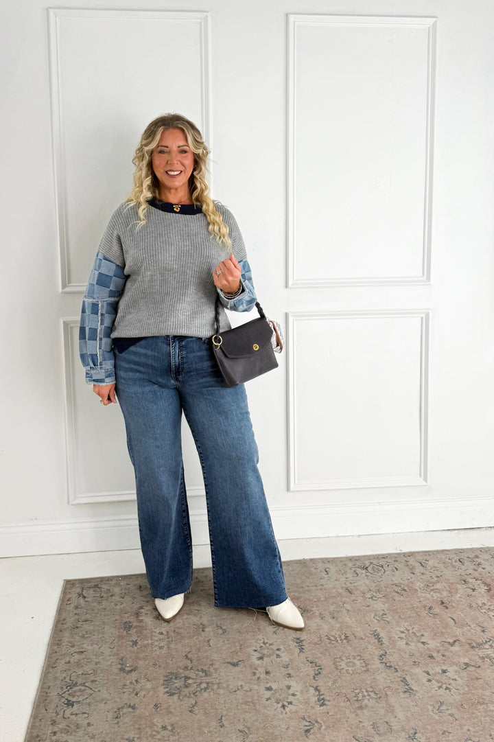 Checkered Denim Mix Knit Sweater