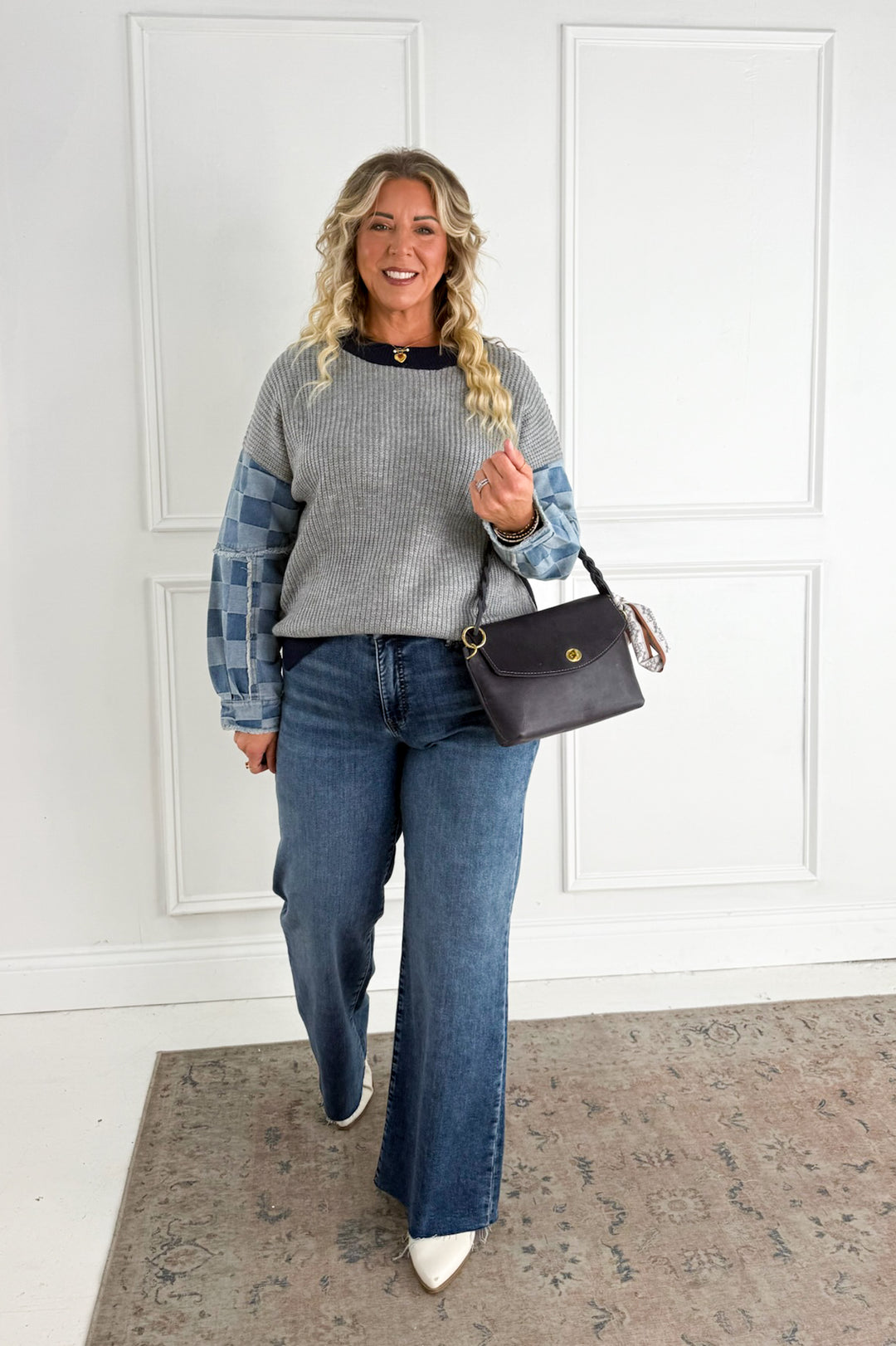 Checkered Denim Mix Knit Sweater