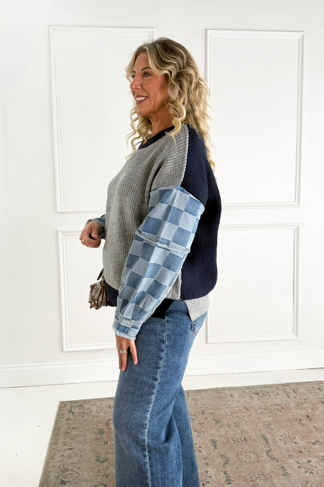 Checkered Denim Mix Knit Sweater