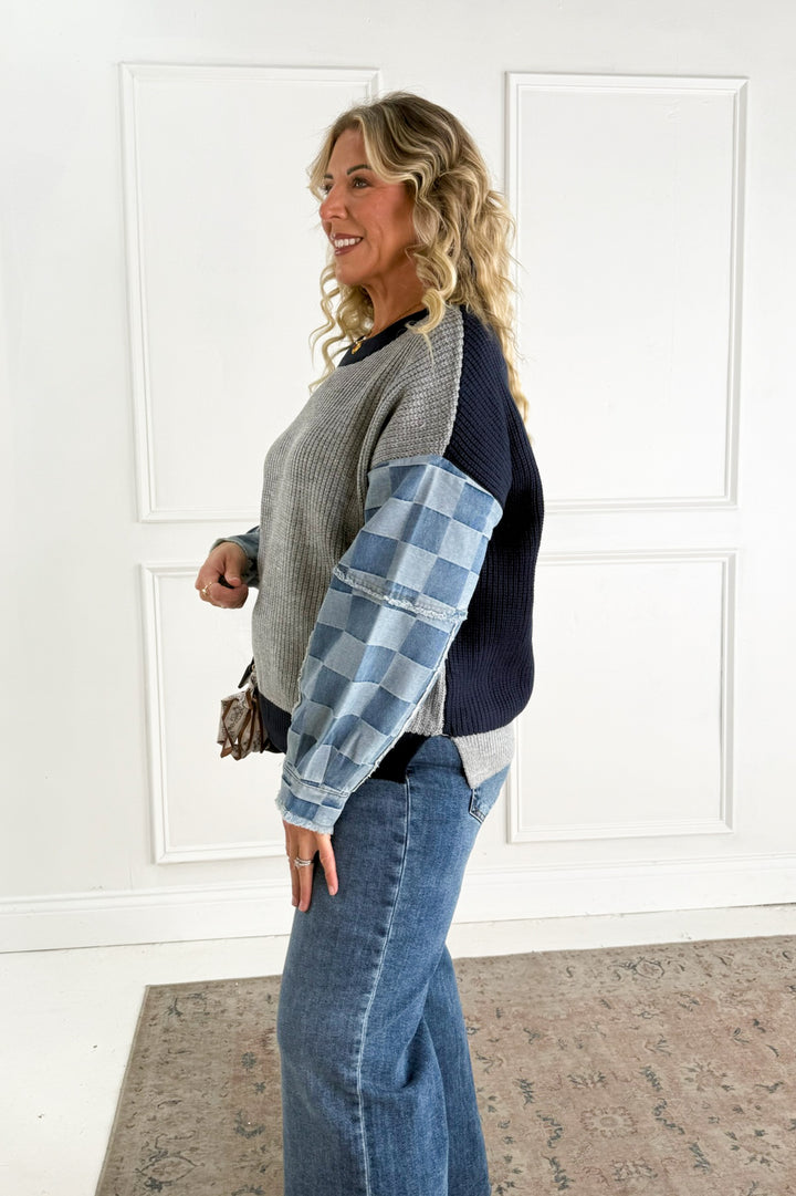 Checkered Denim Mix Knit Sweater