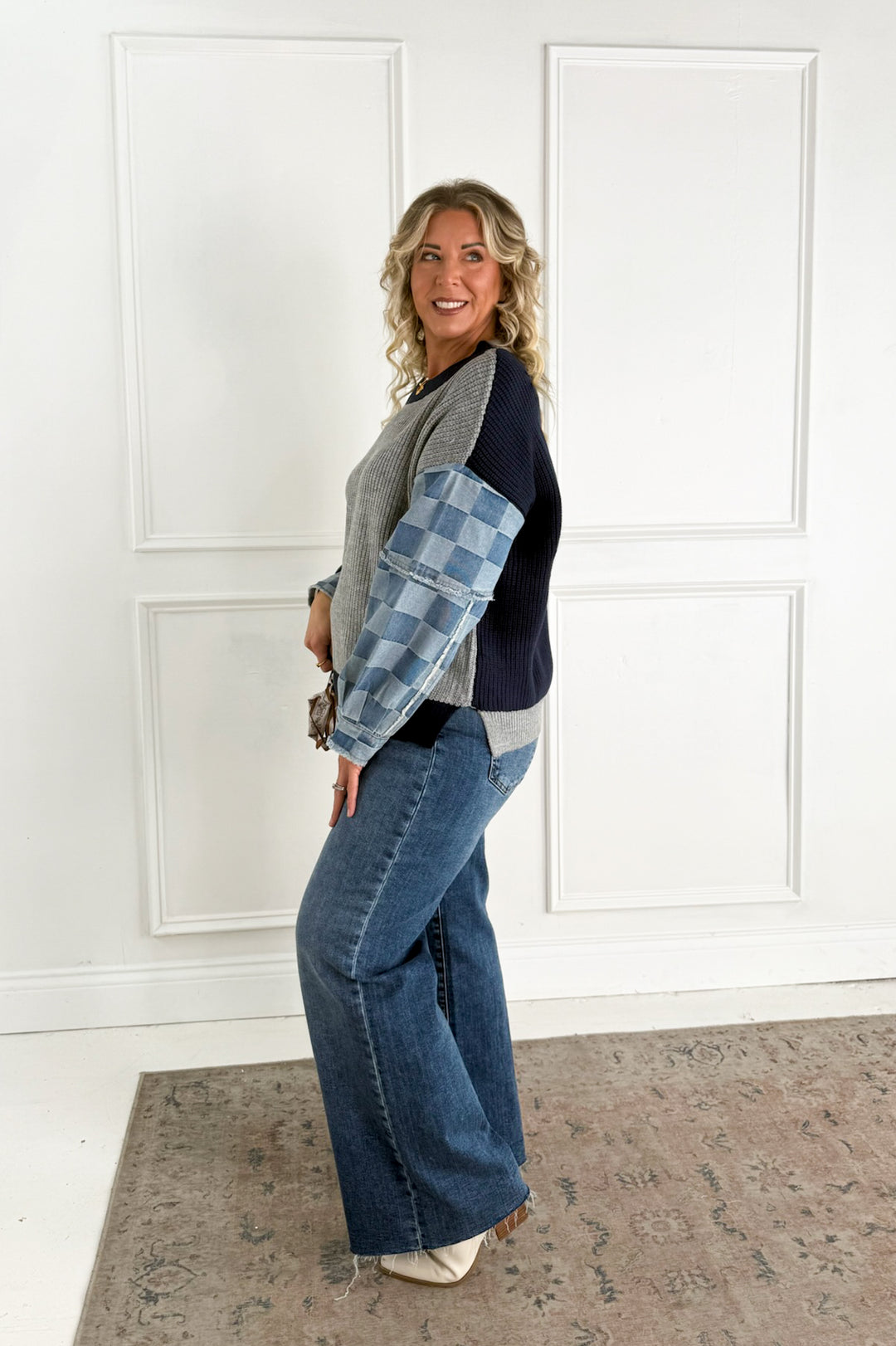 Checkered Denim Mix Knit Sweater