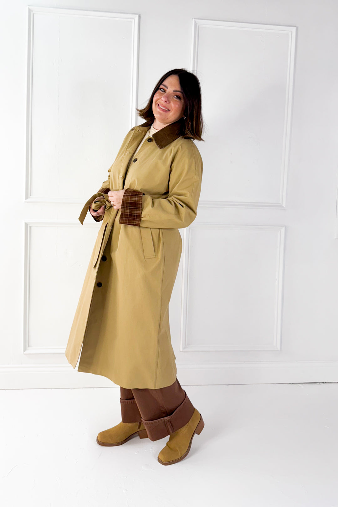 Corduroy Collar Plaid Button Down Coat