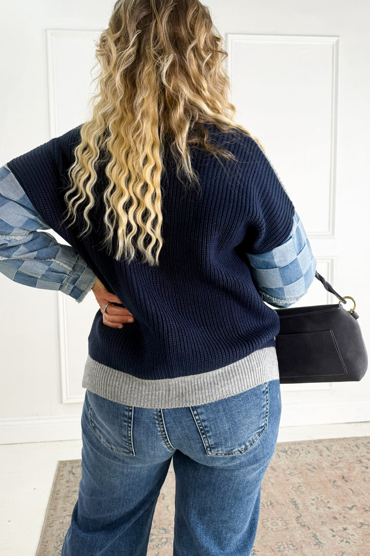 Checkered Denim Mix Knit Sweater