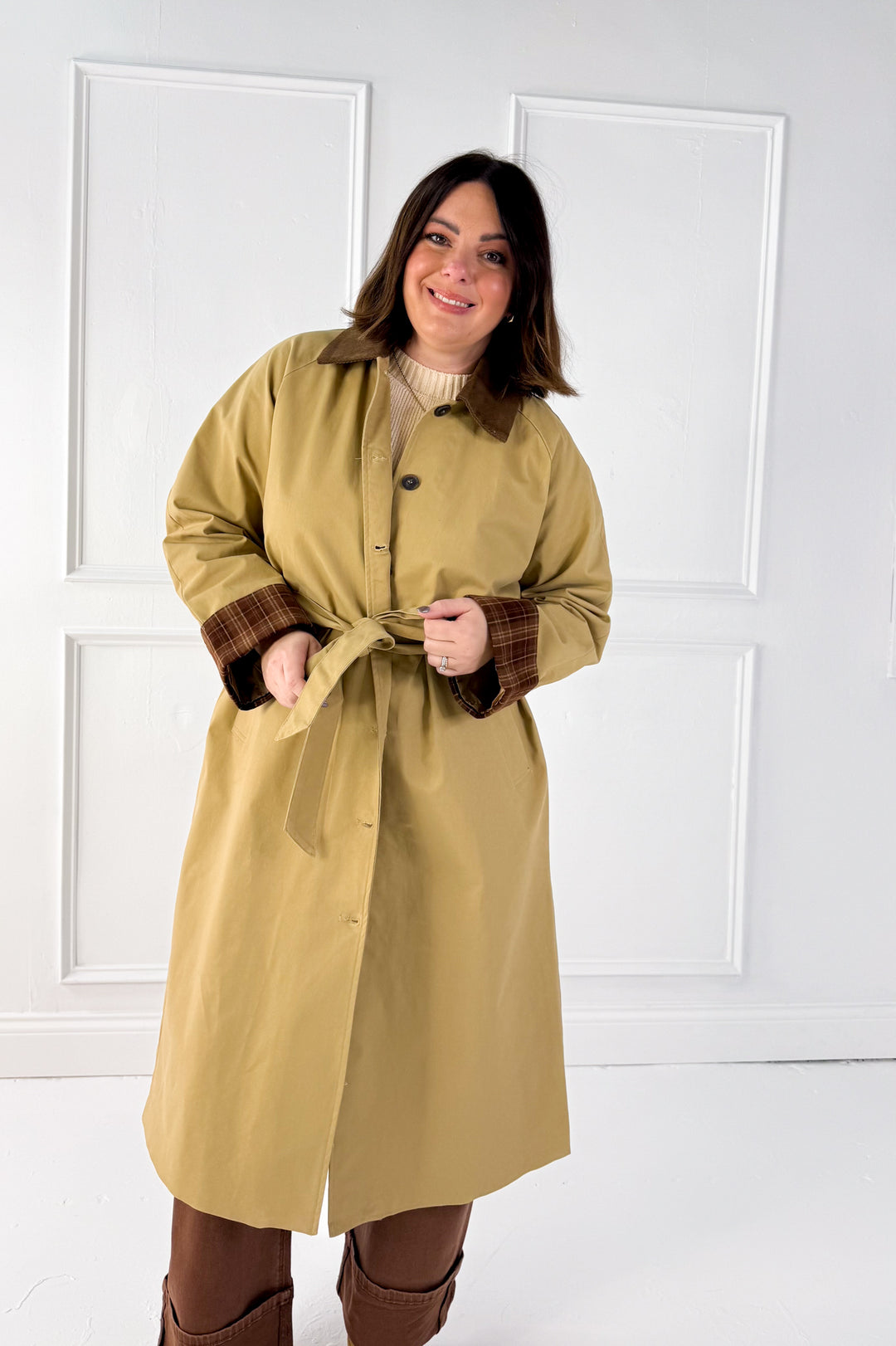 Corduroy Collar Plaid Button Down Coat