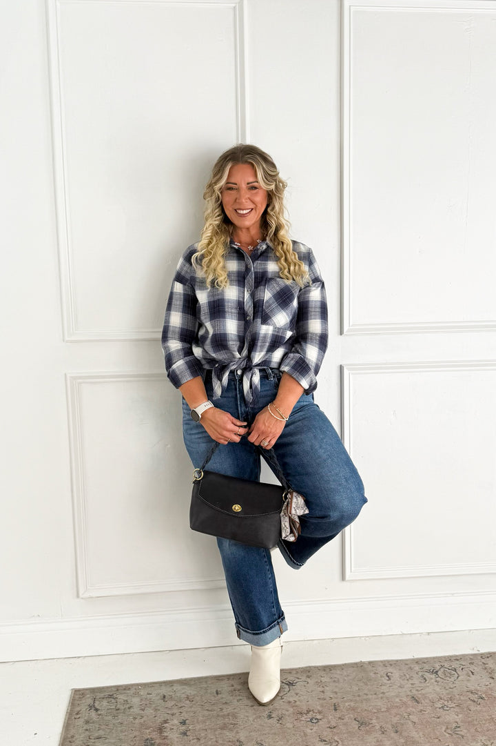 Blue Plaid Button-Down Flannel Shirt