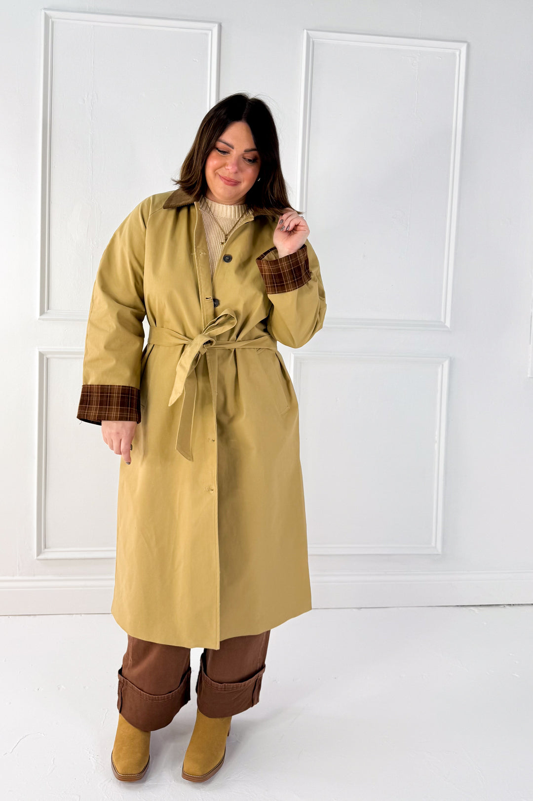 Corduroy Collar Plaid Button Down Coat