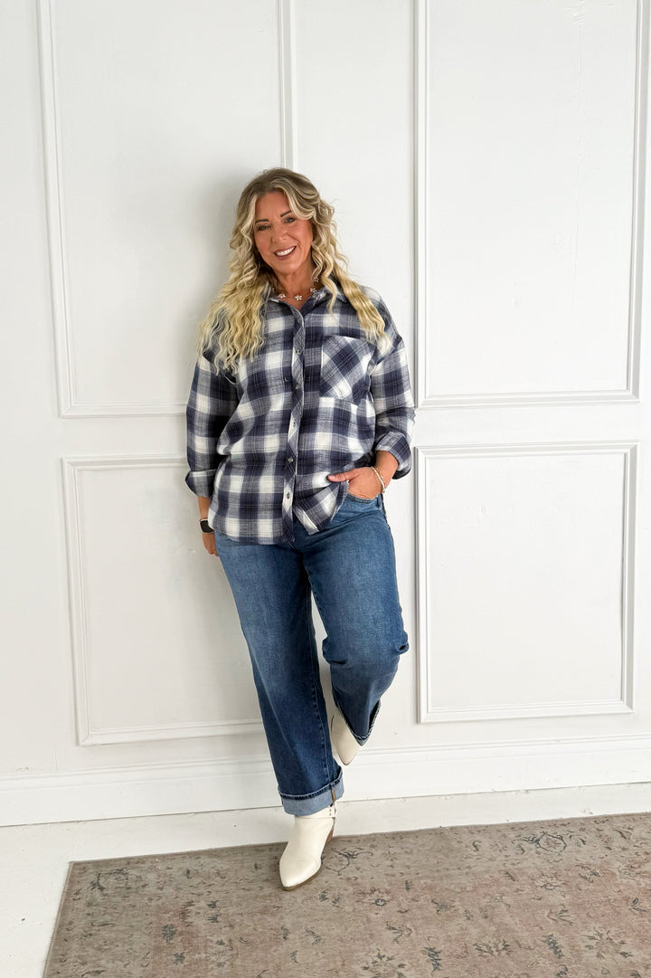 Blue Plaid Button-Down Flannel Shirt