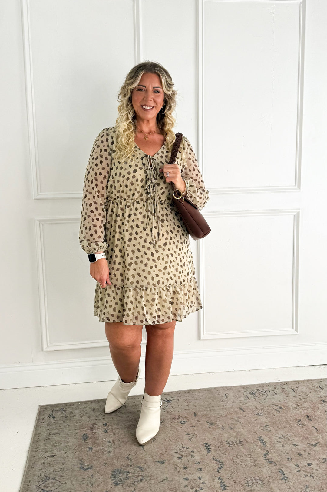 V-neck Front Tie Long Sleeve Dot Mini Dress