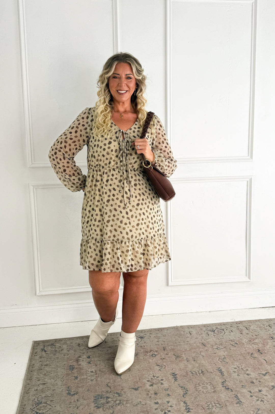 V-neck Front Tie Long Sleeve Dot Mini Dress