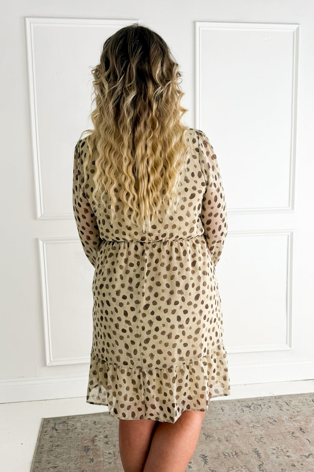 V-neck Front Tie Long Sleeve Dot Mini Dress