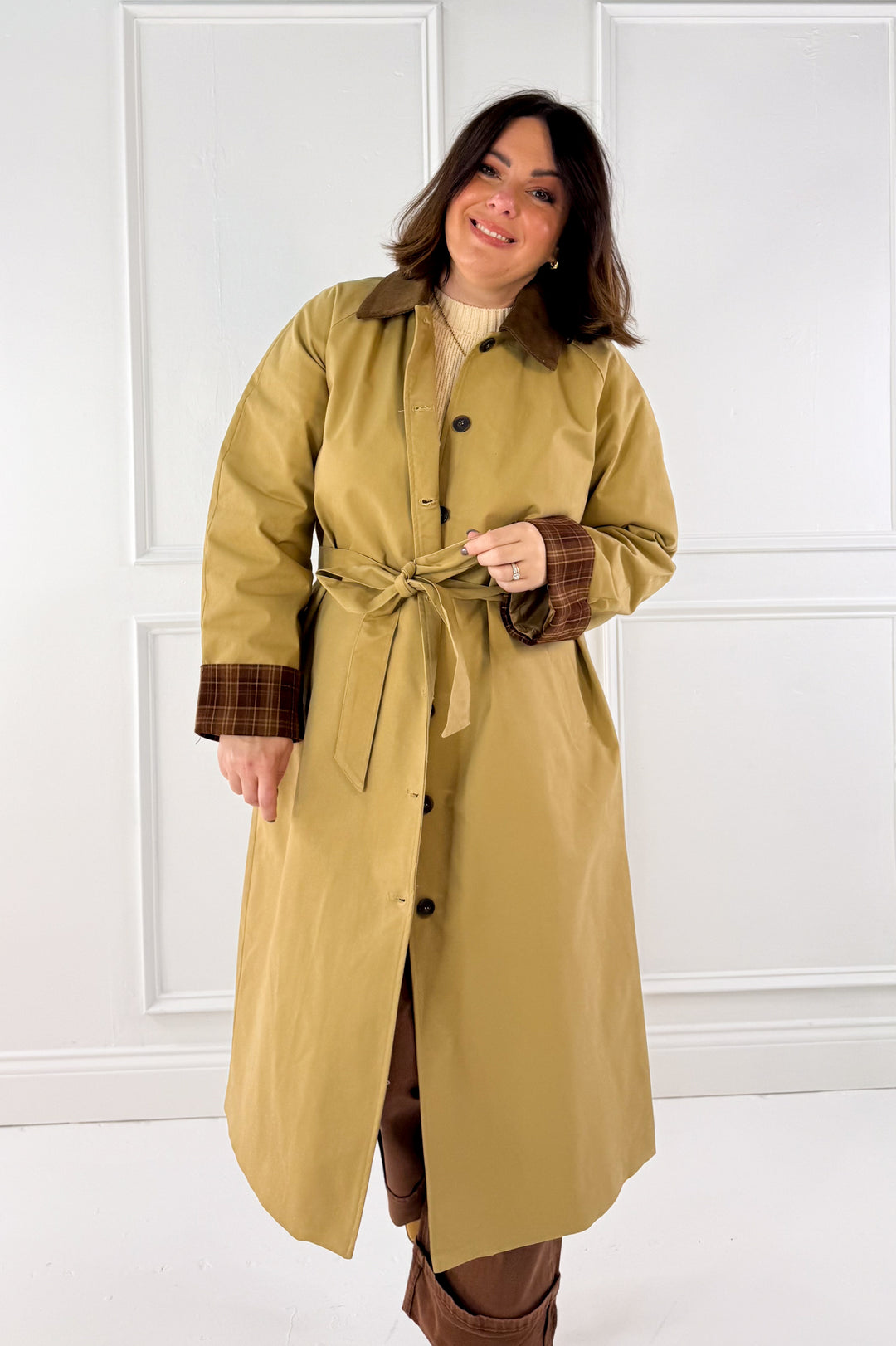 Corduroy Collar Plaid Button Down Coat