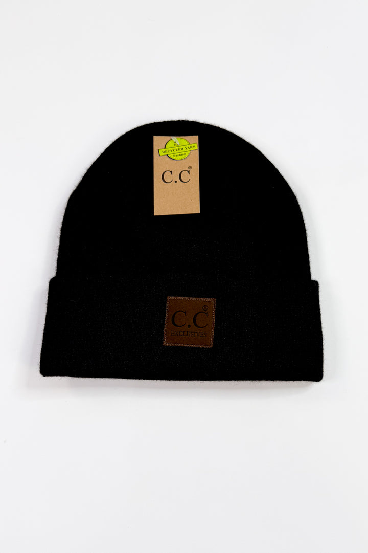 C.C Heather Knit Suede Patch Beanie Winter Hat
