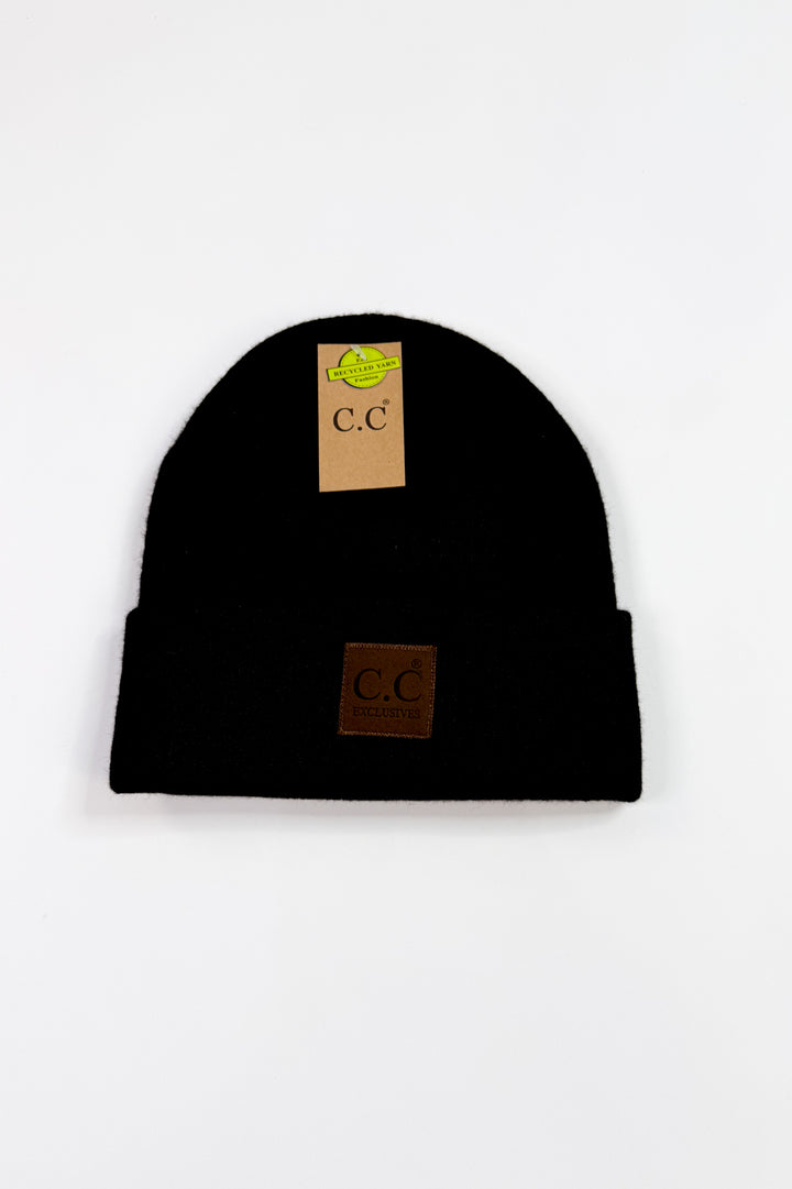 C.C Heather Knit Suede Patch Beanie Winter Hat