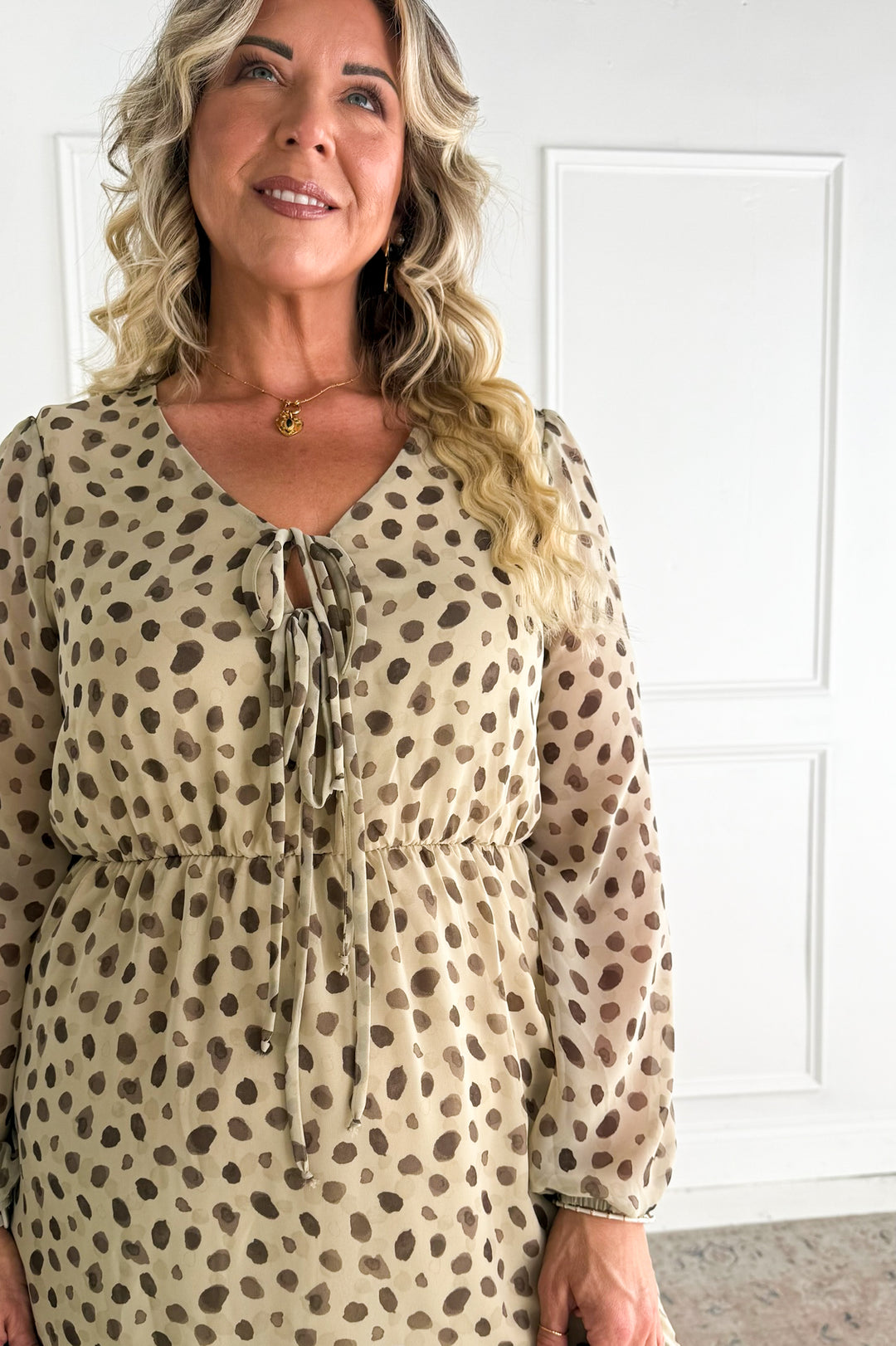 V-neck Front Tie Long Sleeve Dot Mini Dress