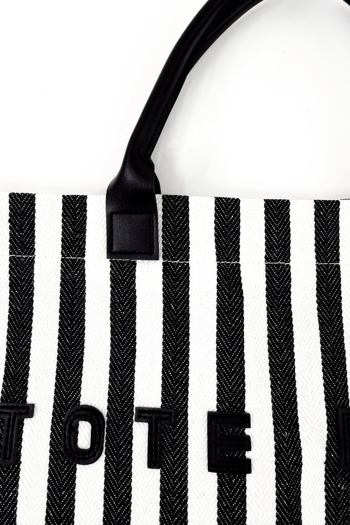 Casual Vertical Striped Canvas Faux Handle Tote
