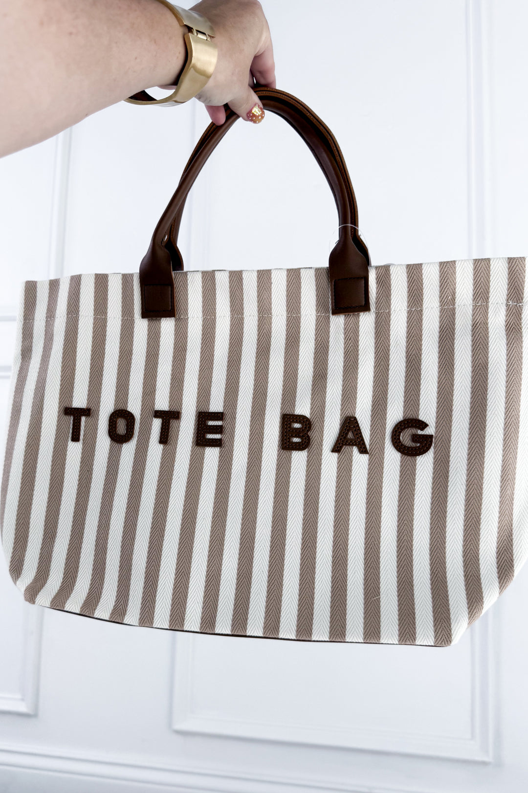 Casual Vertical Striped Canvas Faux Handle Tote