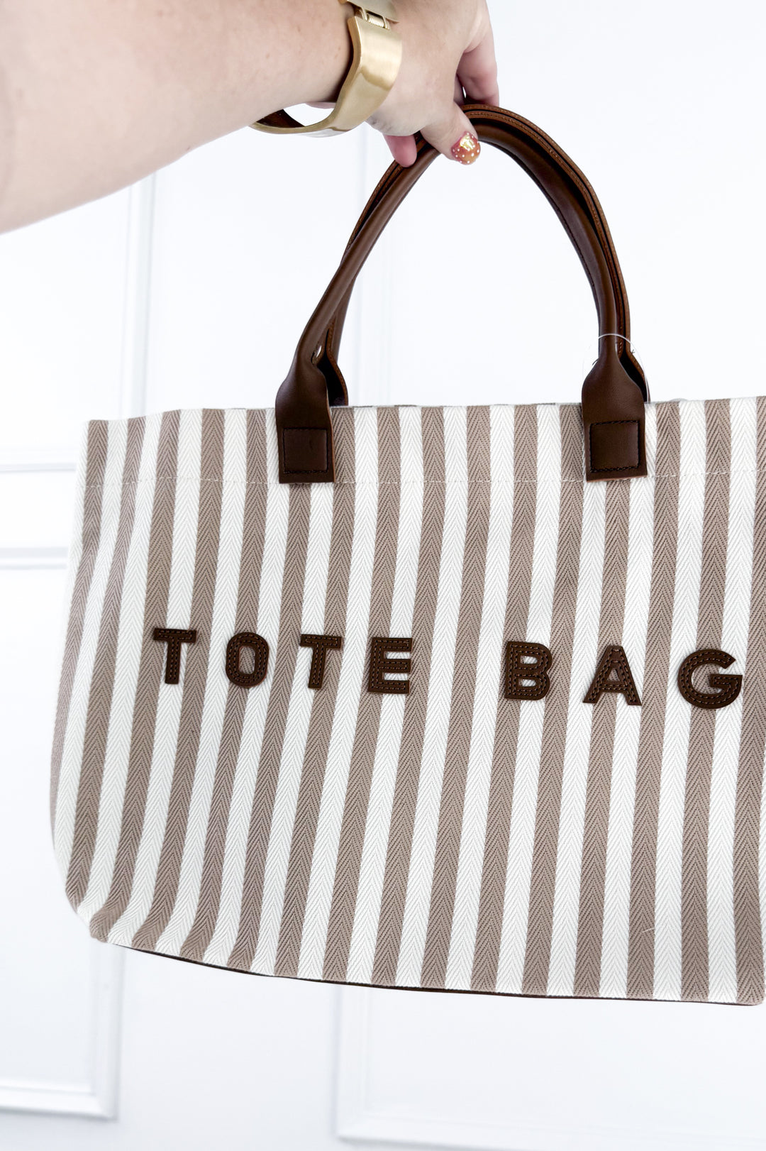 Casual Vertical Striped Canvas Faux Handle Tote