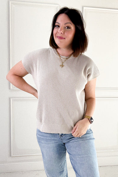 Ribbed Knit Short Sleeve Sweater Top