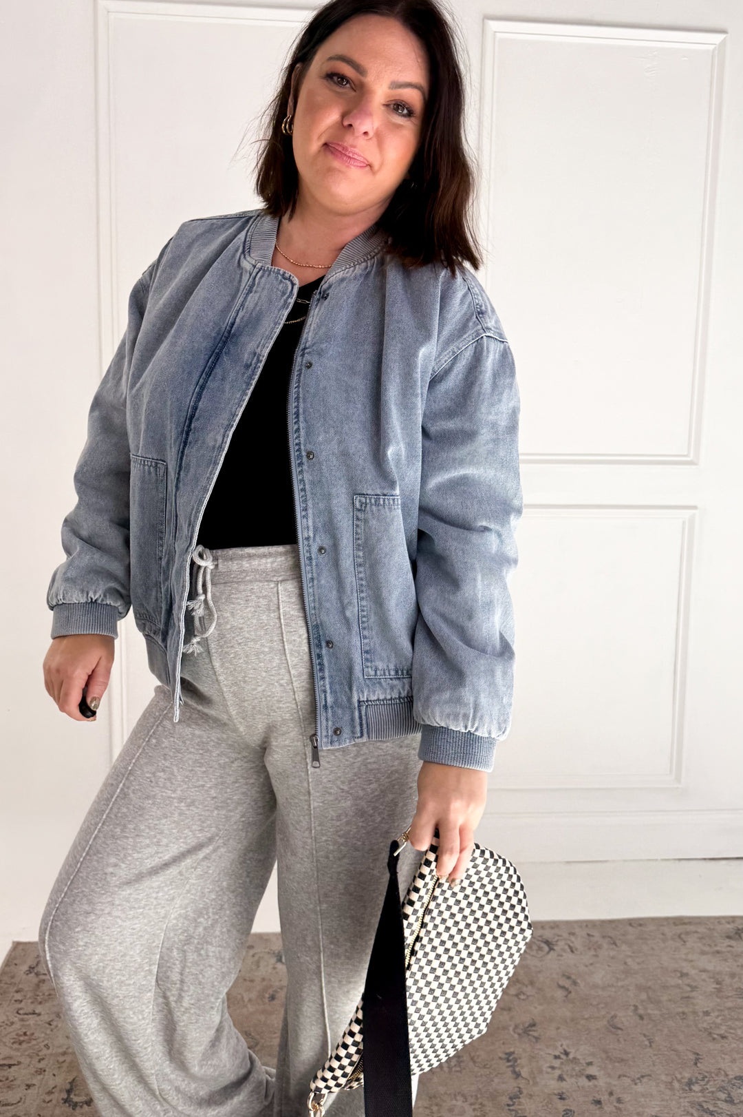 Denim Feel Bomber Jacket W/ Pockets