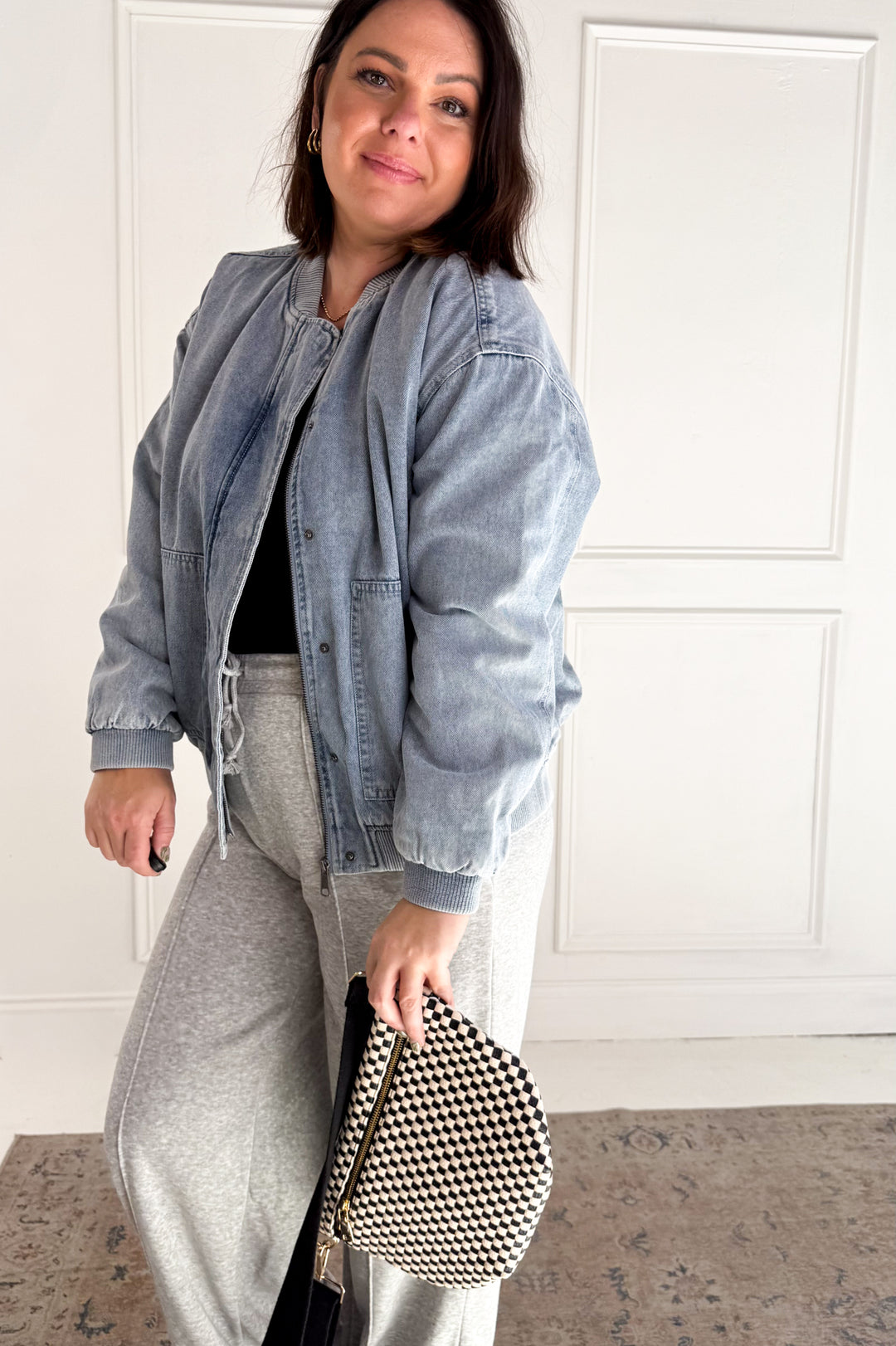 Denim Feel Bomber Jacket W/ Pockets