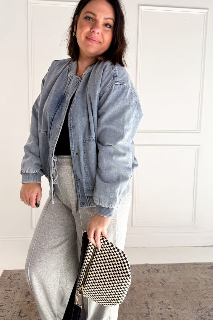 Denim Feel Bomber Jacket W/ Pockets
