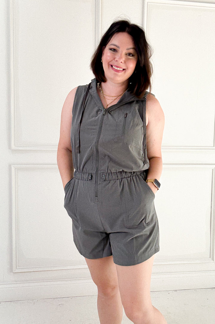 Poly Stretch Woven Hoodie Sleeveless Romper