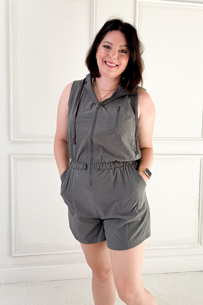 Poly Stretch Woven Hoodie Sleeveless Romper – Nora Gray