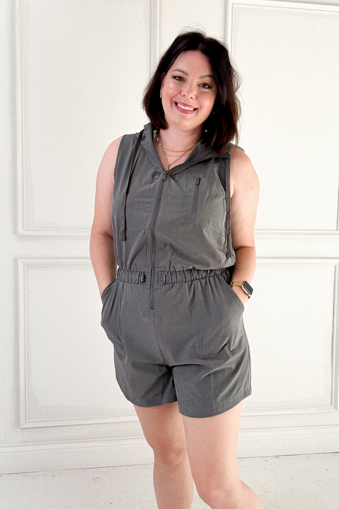 Poly Stretch Woven Hoodie Sleeveless Romper – Nora Gray