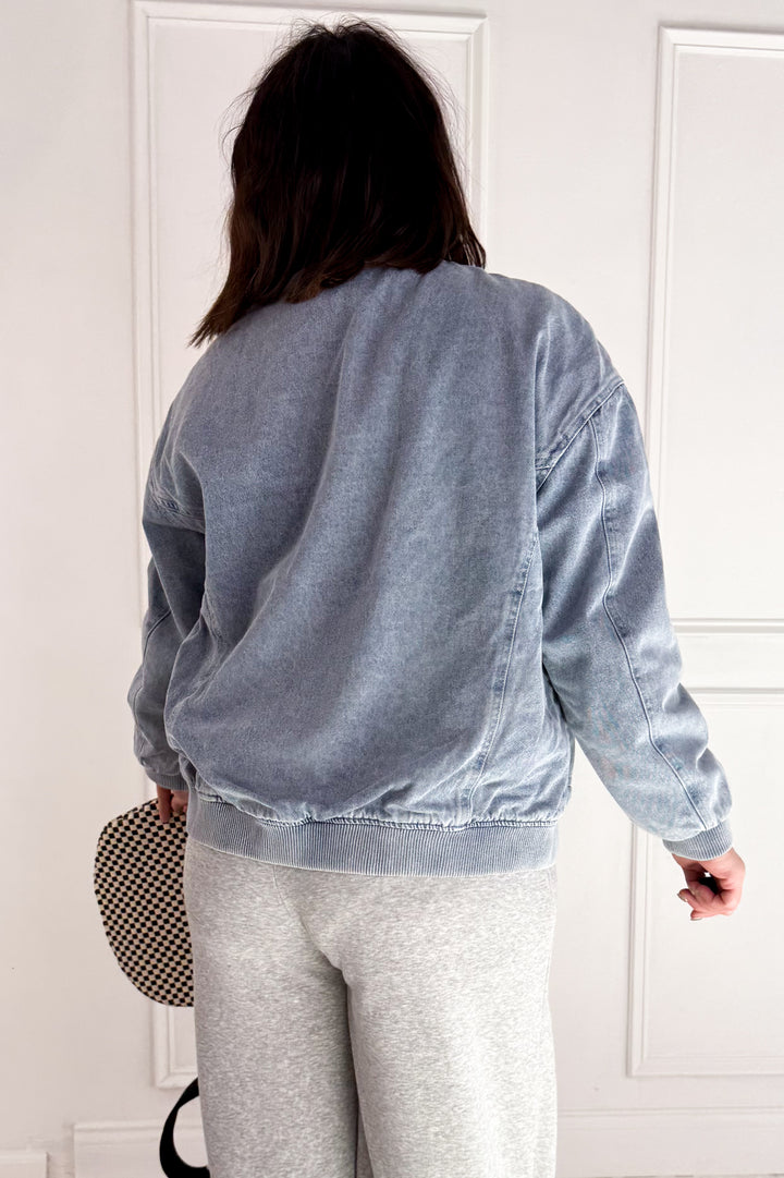 Denim Feel Bomber Jacket W/ Pockets