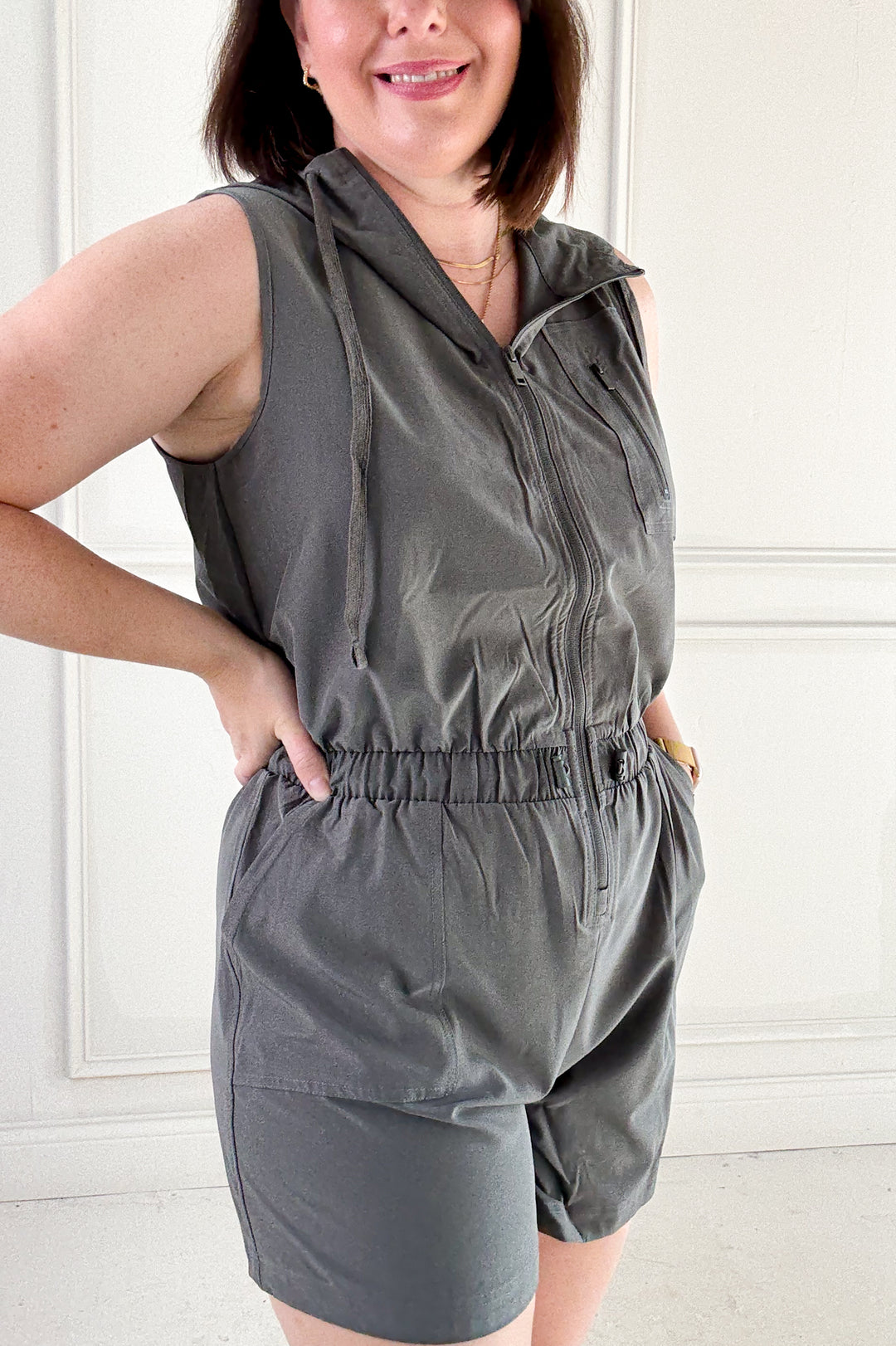 Poly Stretch Woven Hoodie Sleeveless Romper