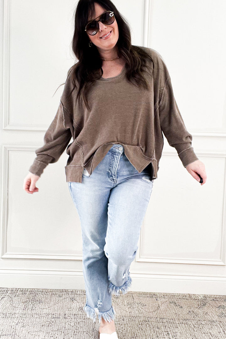 Mineral Wash Oversized Long Sleeve Pullover Top