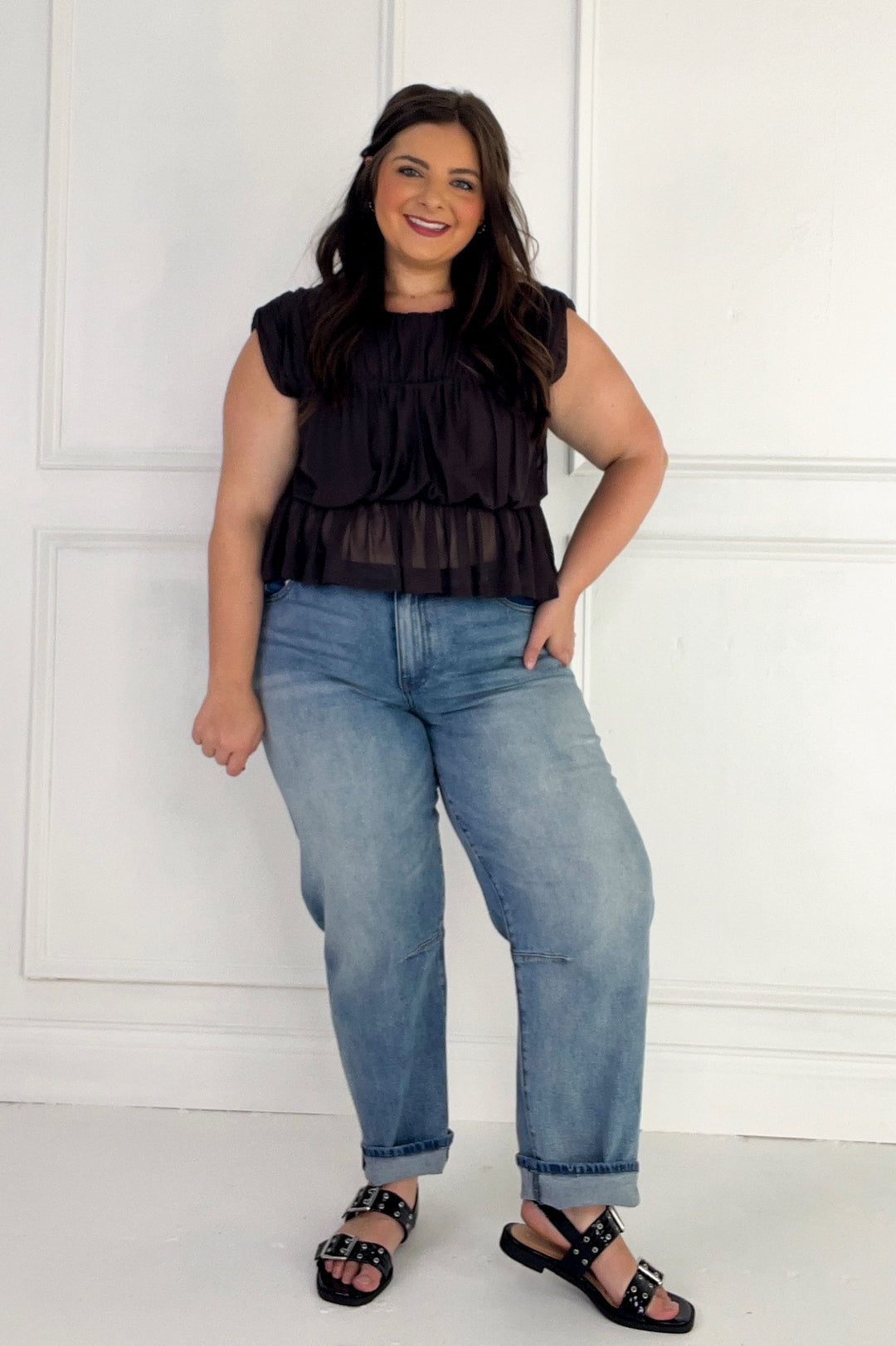 Semi Sheer Sleeveless Shirred Peplum Top