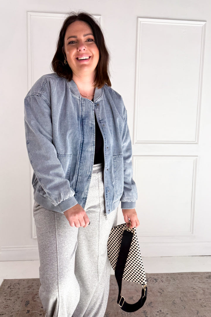 Denim Feel Bomber Jacket W/ Pockets