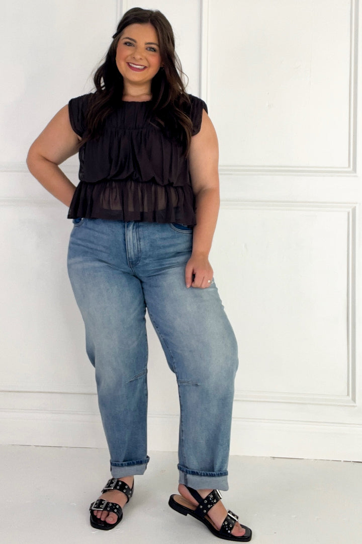 Semi Sheer Sleeveless Shirred Peplum Top