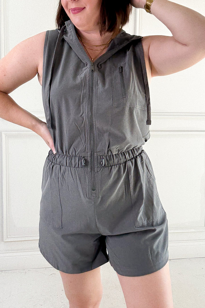 Poly Stretch Woven Hoodie Sleeveless Romper