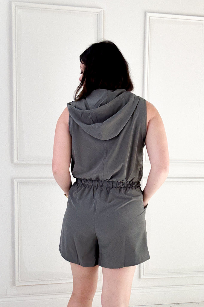 Poly Stretch Woven Hoodie Sleeveless Romper – Nora Gray