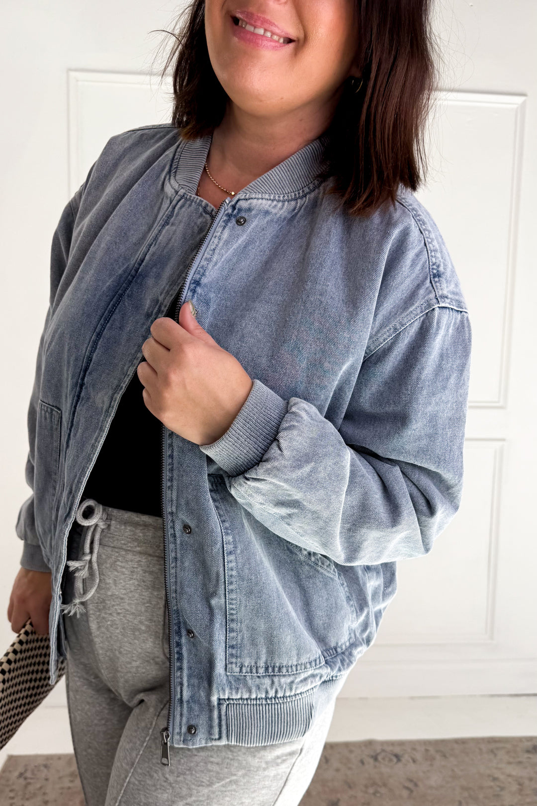 Denim Feel Bomber Jacket W/ Pockets