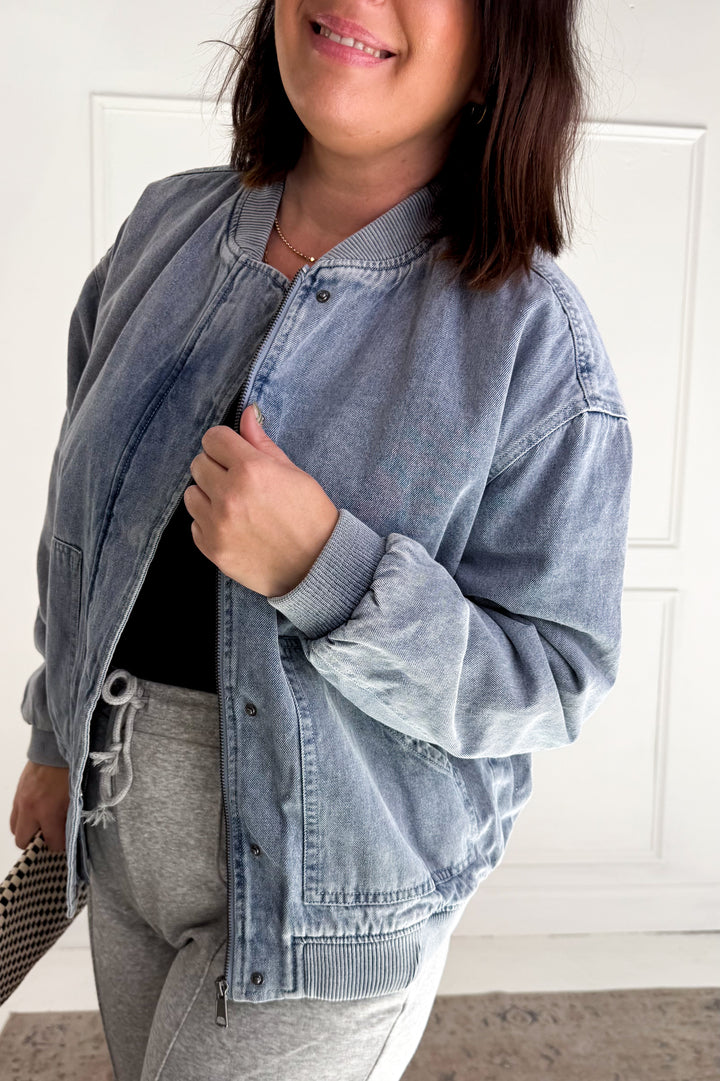 Denim Feel Bomber Jacket W/ Pockets