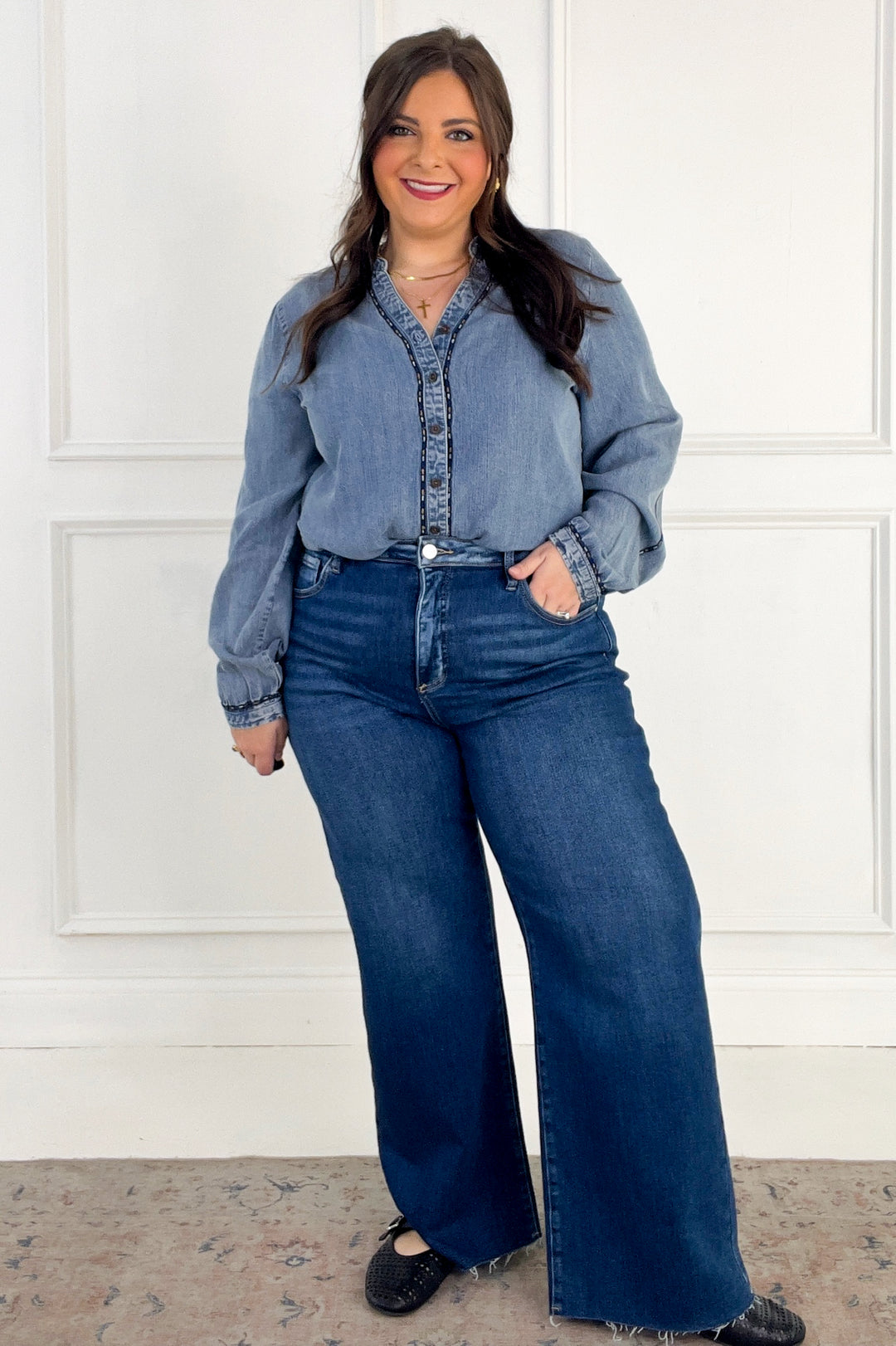 Thread & Supply - Lettie Piping Detail Button Up Long Sleeve Top