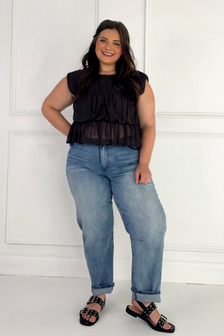 Semi Sheer Sleeveless Shirred Peplum Top