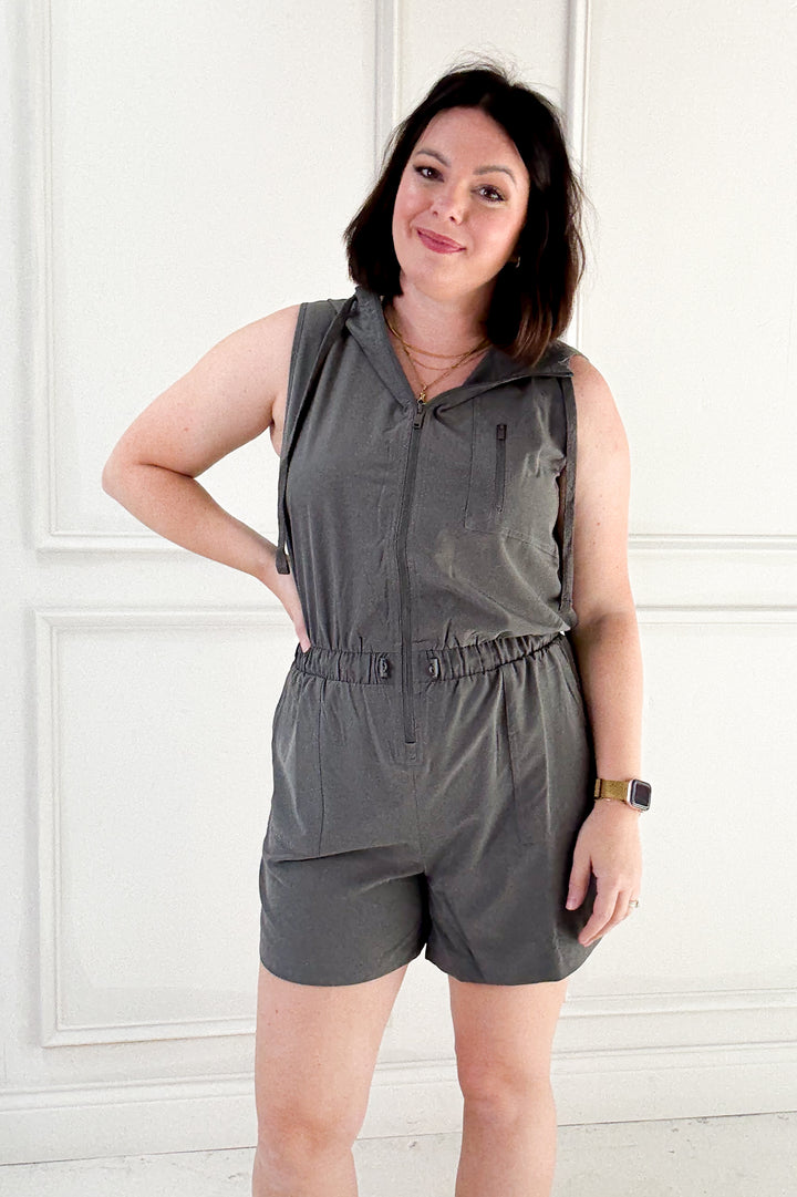 Poly Stretch Woven Hoodie Sleeveless Romper